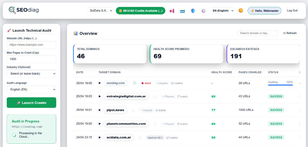 SEOdiag Dashboard Interface