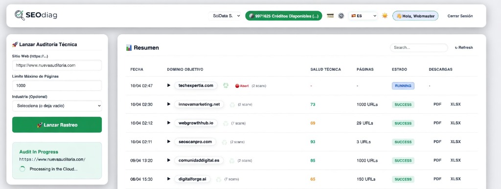 SEOdiag Dashboard Interface